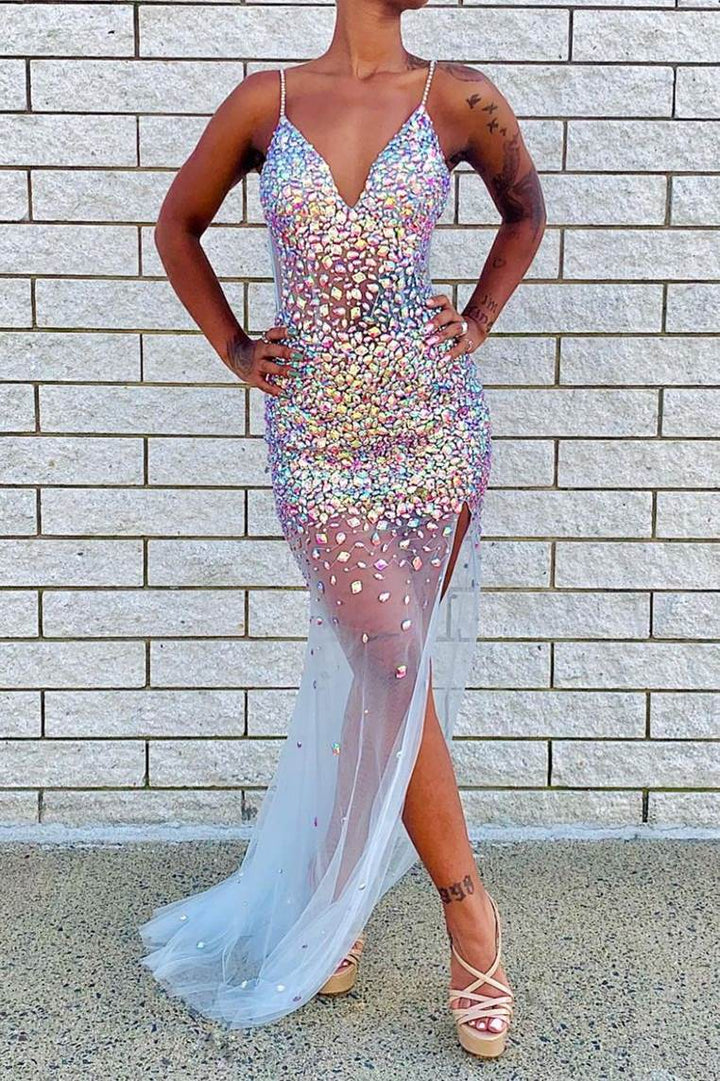 Vestido de fiesta sexy con cuentas transparentes